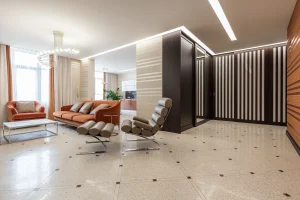Interior de un apartamento moderno de diseño abierto, ideal para la sección sobre la demanda de alquiler en Milán y las ciudades del norte de Italia.