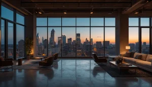 Interior view of a modern renovated loft apartment in the US Midwest looking out at the city skyline during golden hour.